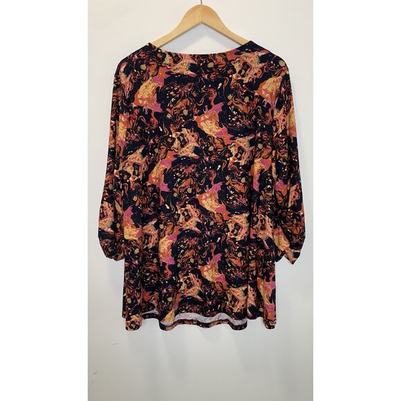 Cocomo Abstract Art to Wear Grommet Neckline Ruched 3/4 Sleeve Blouse Fall 2X - Picture 7 of 10